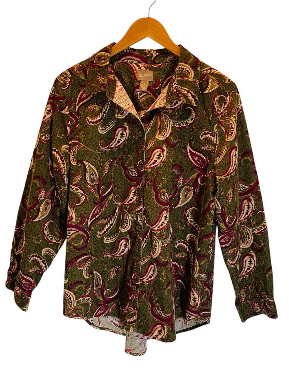 Chico's Micro Corduroy Paisley Button-Up LS Shirt Shacket Green Maroon Size XL
